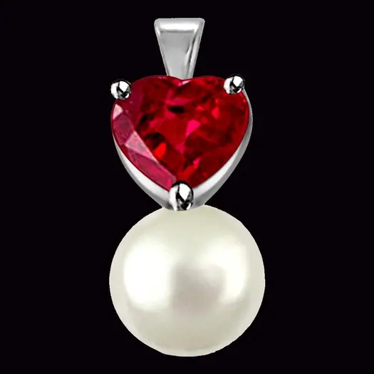 0.30TCW Heart Shaped Real Ruby Pendant With Pearl (P1123)