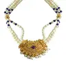 Gold Plated Temple Design Pendant, 3 Line Rice Pearl & Blue Lapiz Beads Pendant Necklace for Women (SNP4B)